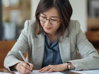 履歴書に記入する中年女性