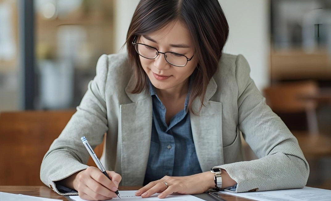 履歴書に記入する中年女性