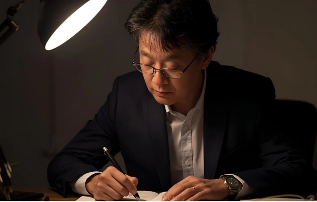 簿記3級の検定試験の勉強をする50代男性