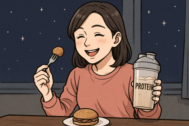 プロテインとおやつを食べる女性